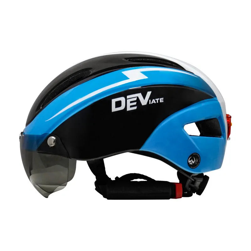 Adult cycling helmet with integrated red taillight on the back, shown in a blue, white, and black colour scheme.