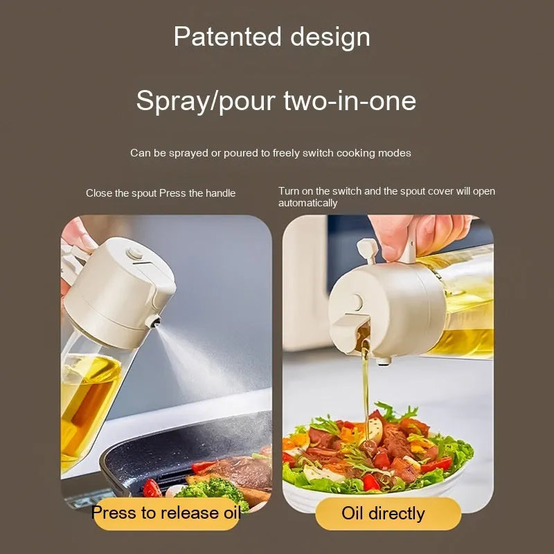 470ml glass oil sprayer dispenser in beige, yellow, green or black with spray and pour functions