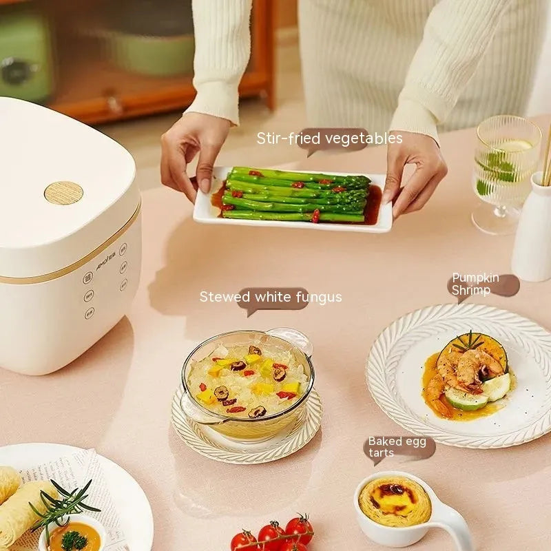 White intelligent multi-function rice cooker with 3L capacity and black inner pot on kitchen counter