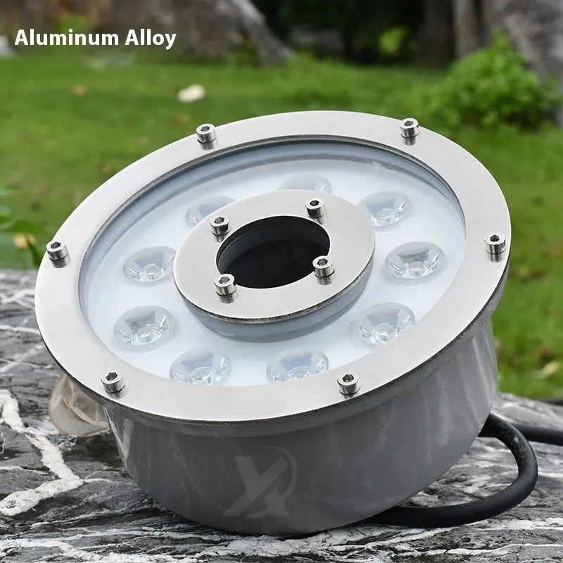 Aluminium alloy outdoor underwater lamp for garden and landscape lighting with RGB, warm white, and pure white options.