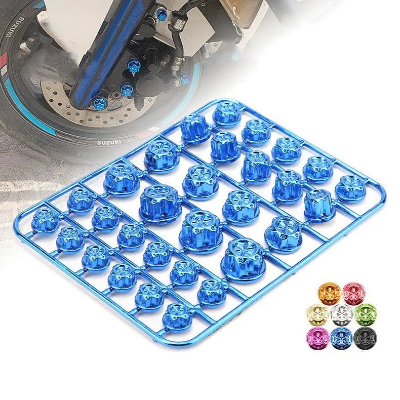 30-piece motorcycle engine screw cap set in eight colours including black, red, gold, blue, silver, green, orange, and purple