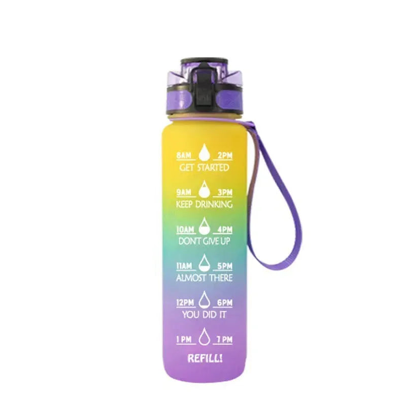Clear transparent 1000ml sports water bottle with blue lid and removable fruit infuser inside.