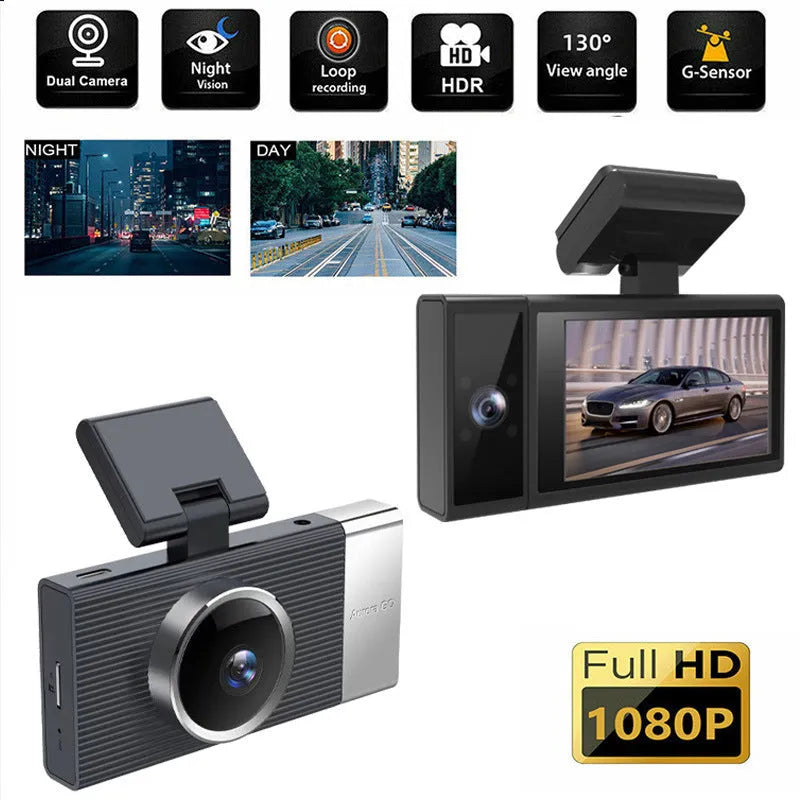 Wi-Fi connected driving recorder with a 3-inch screen and multiple lens options for car front, interior, and rear.