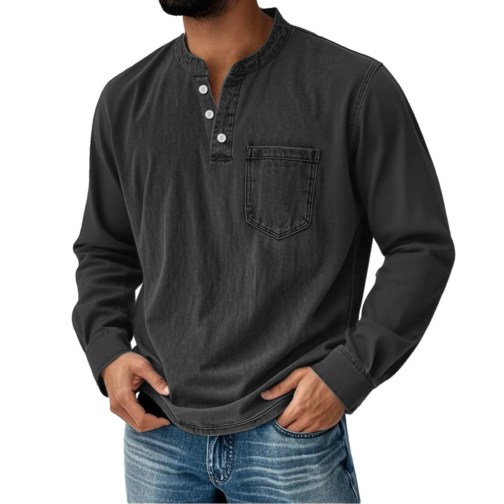 Printed three-button long-sleeve T-shirt for young men, slim fit, polyester, digital print
