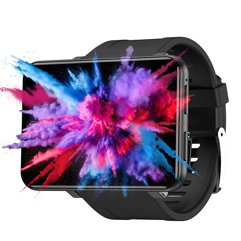 Black GPS camera watch with touch screen and TPU strap on wrist against a neutral background