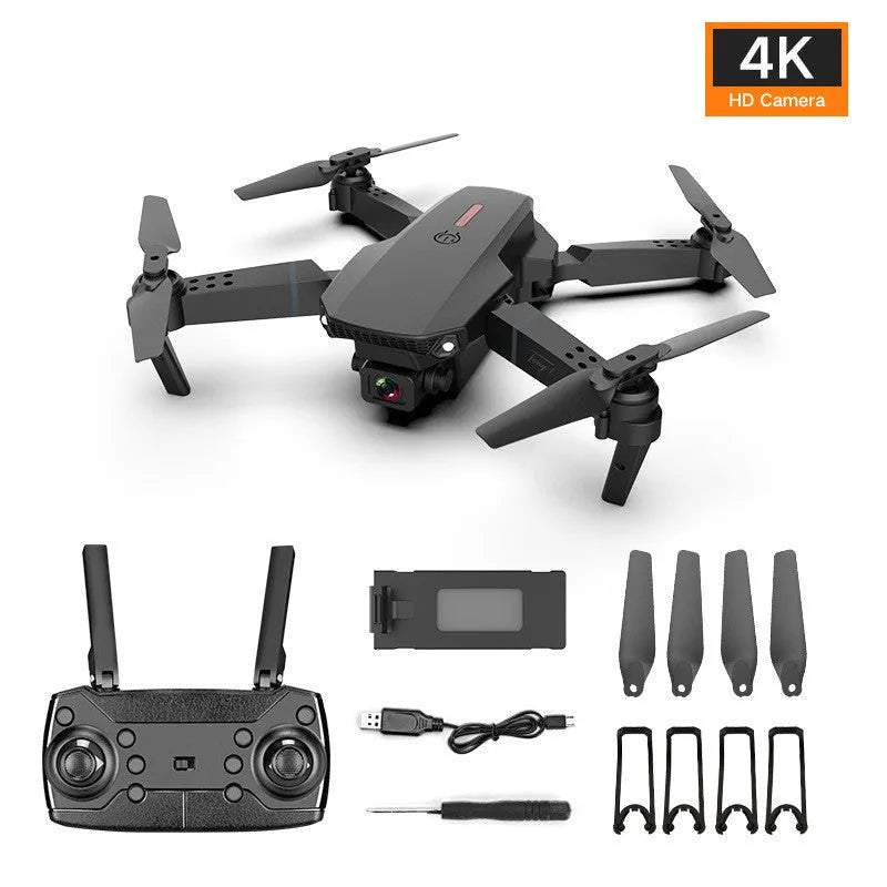 Grey foldable 4K dual camera aerial drone with remote controller and accessories