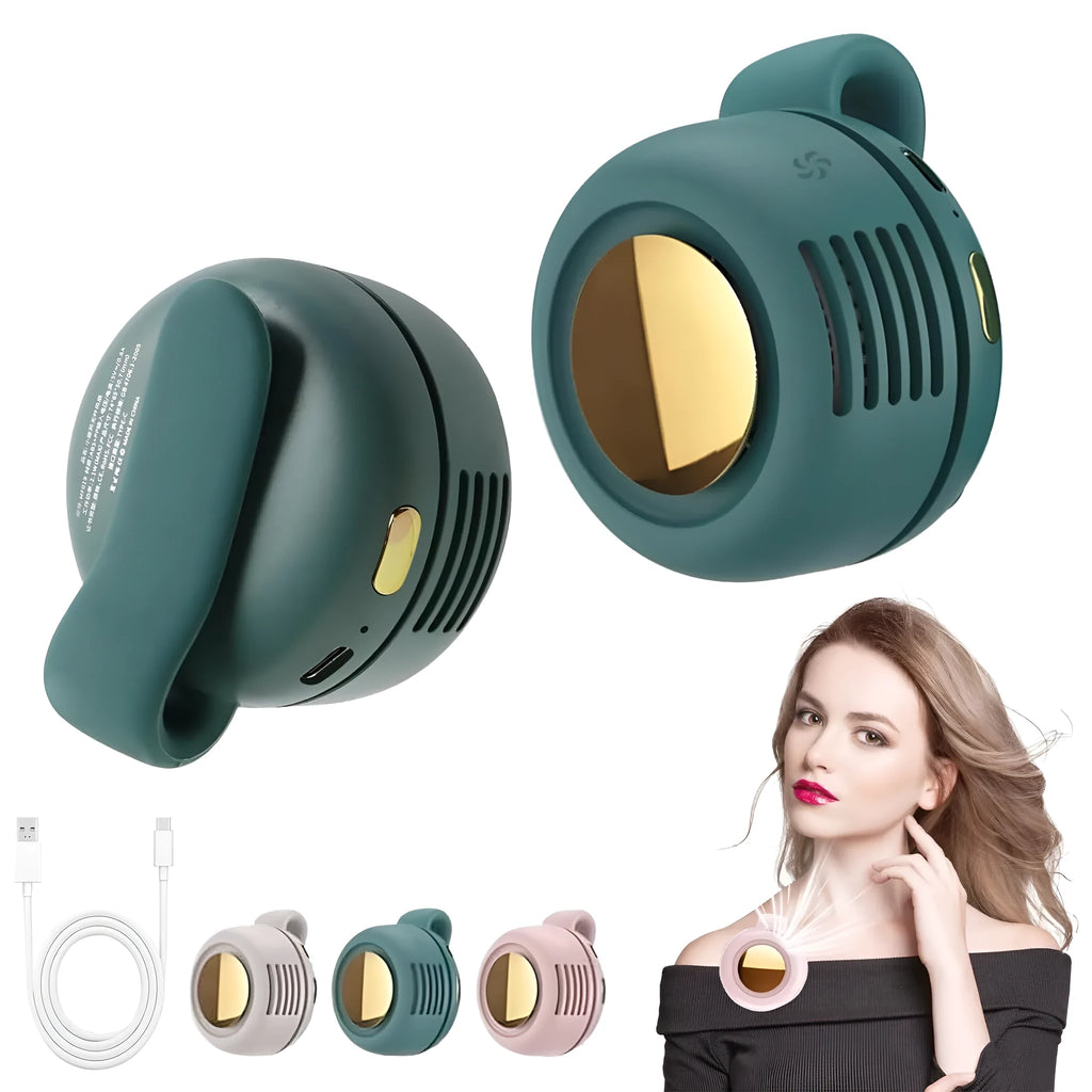 Mini clip fan in green with 900mAh battery, USB Type-C charging, and leafless design