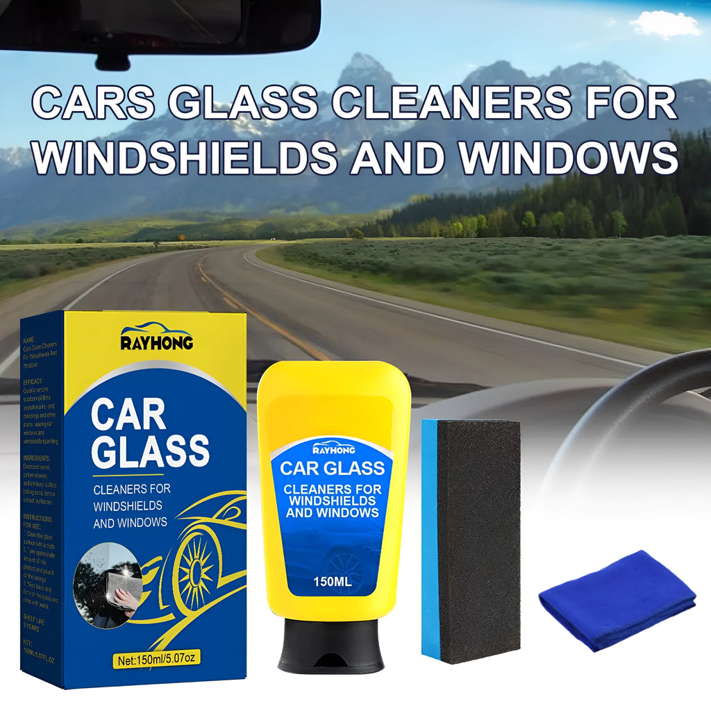 Windshield automotive detergent defogging kit showing 150ml spray bottle, sponge, and cleaning cloth