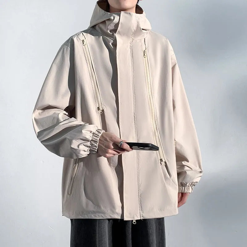 Men's autumn waterproof windproof shell jacket in solid colour with long sleeves and side pockets