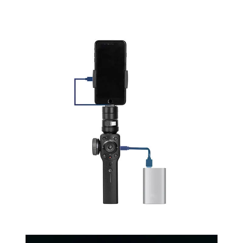 Black ABS plastic handheld smartphone video stabiliser gimbal on a table.