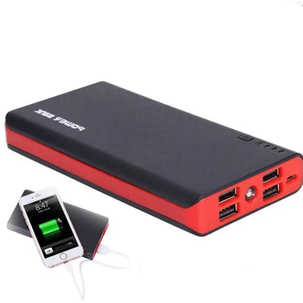 20000mAh portable power bank in multiple colours showing dimensions and fast charging label.