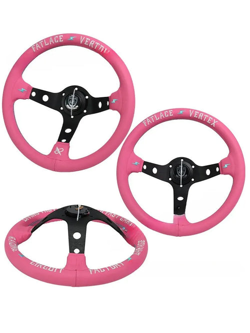 Pink leather steering wheel cover with lightning bolt embroidery and aluminium bracket, 13-inch diameter