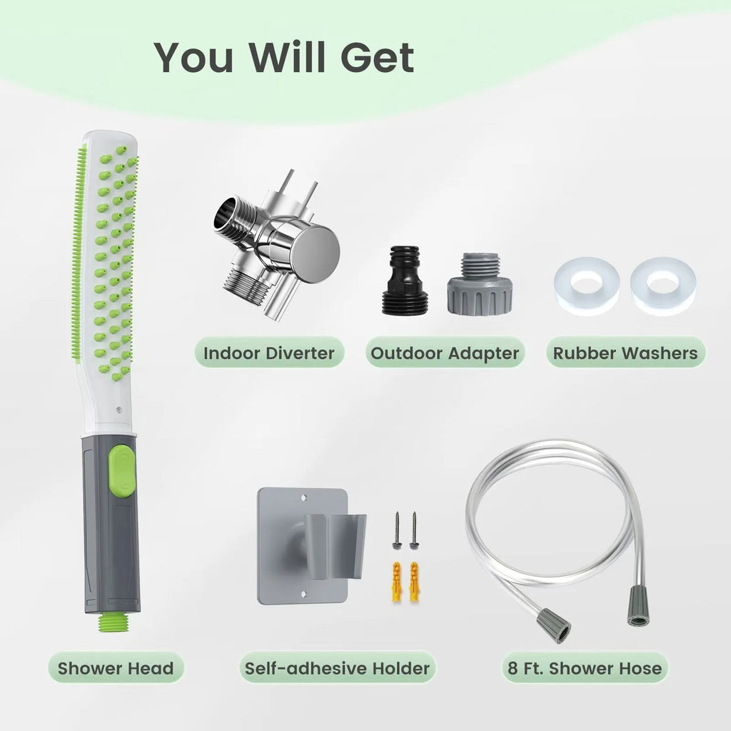 Dog bathing brush showerhead with ABS handle, shown in five colour options including green and white and blue and gray.