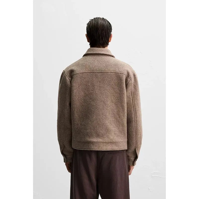 Men's taupe loose wool woven lapel long sleeve casual jacket coat single-breasted front view
