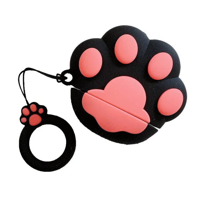 Cute cartoon cat paw shaped soft rubber case for AirPods with metal key ring in black colour