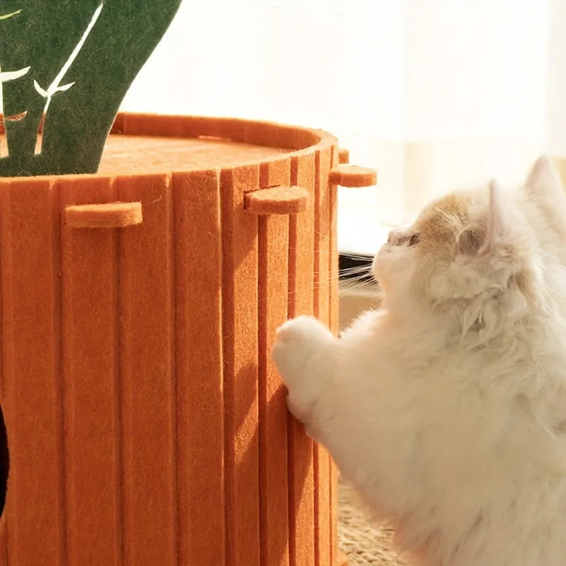 Orange felt carrot-shaped cat nest with a round tunnel entrance, shown in medium and large sizes.