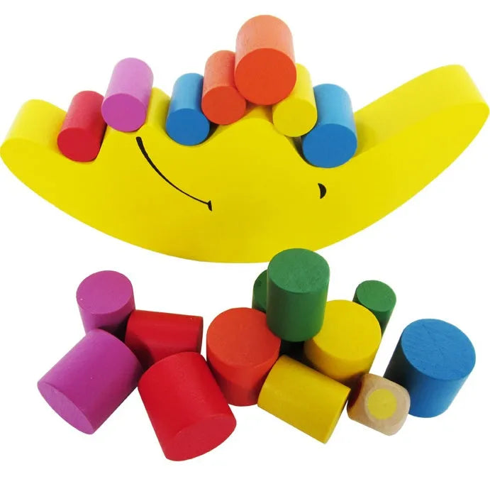 Yellow and blue Moon themed wooden balance stacking game toy for toddlers aged 2-4 years.