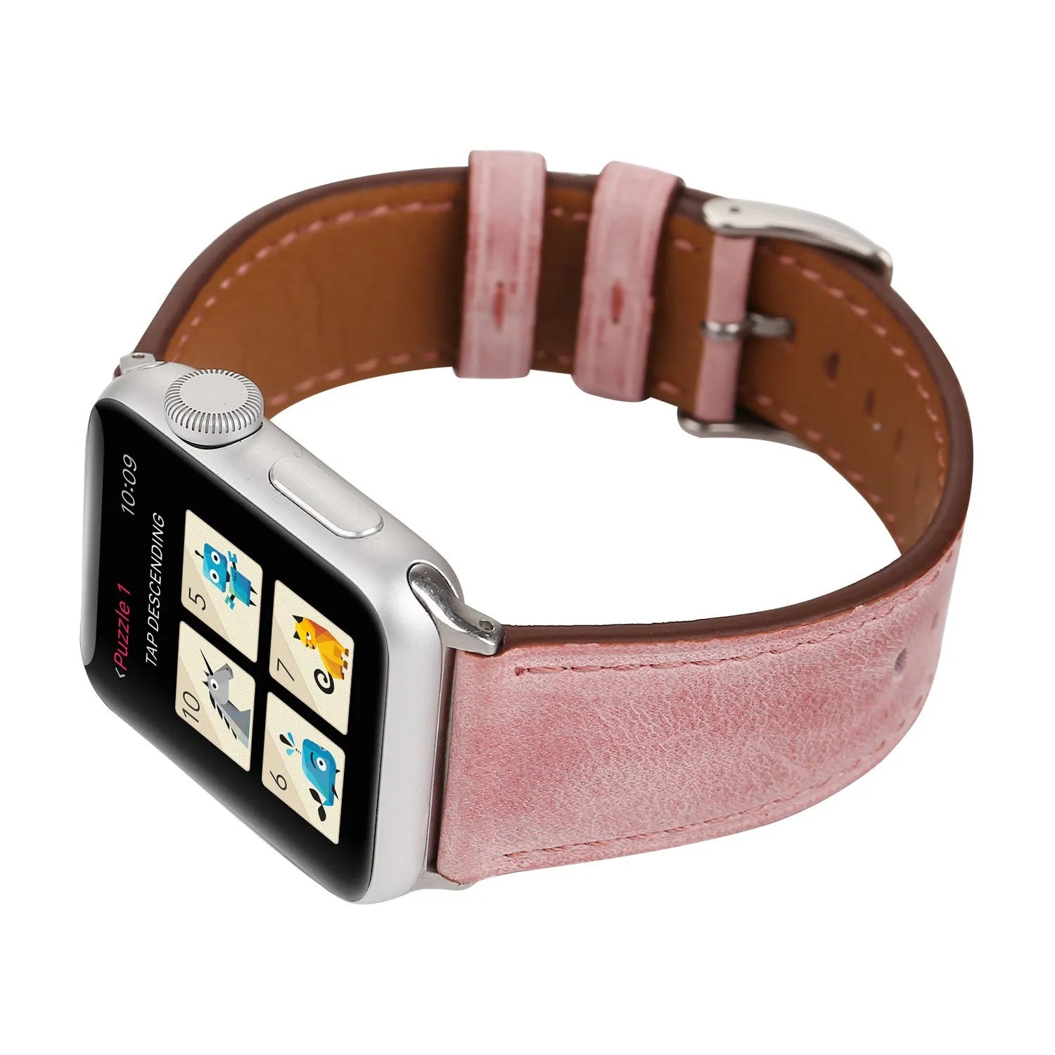 Coloured leather watch strap with a folding buckle on a watch case.
