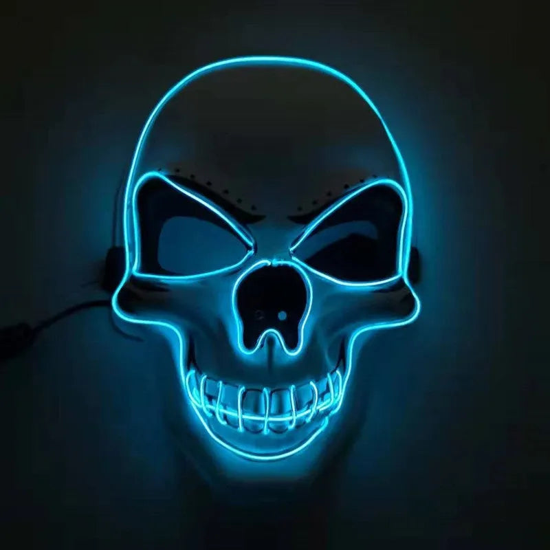 Skull LED glowing Halloween mask with EL wire in blue colour on black background