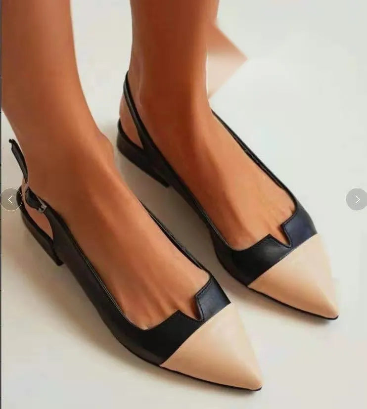 Women's pointed toe low heel pumps with colour matching, chunky heel under 3cm, PU upper, sizes 34-43