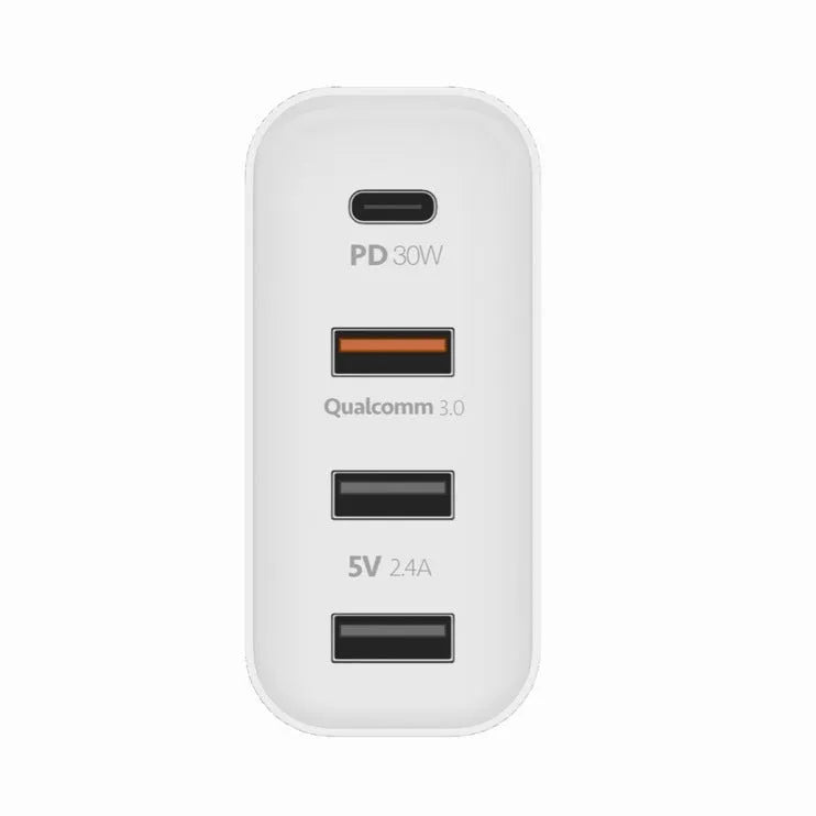 Black or white 48W PD charger with four USB-C ports and interchangeable UK, US, EU, AU plugs.