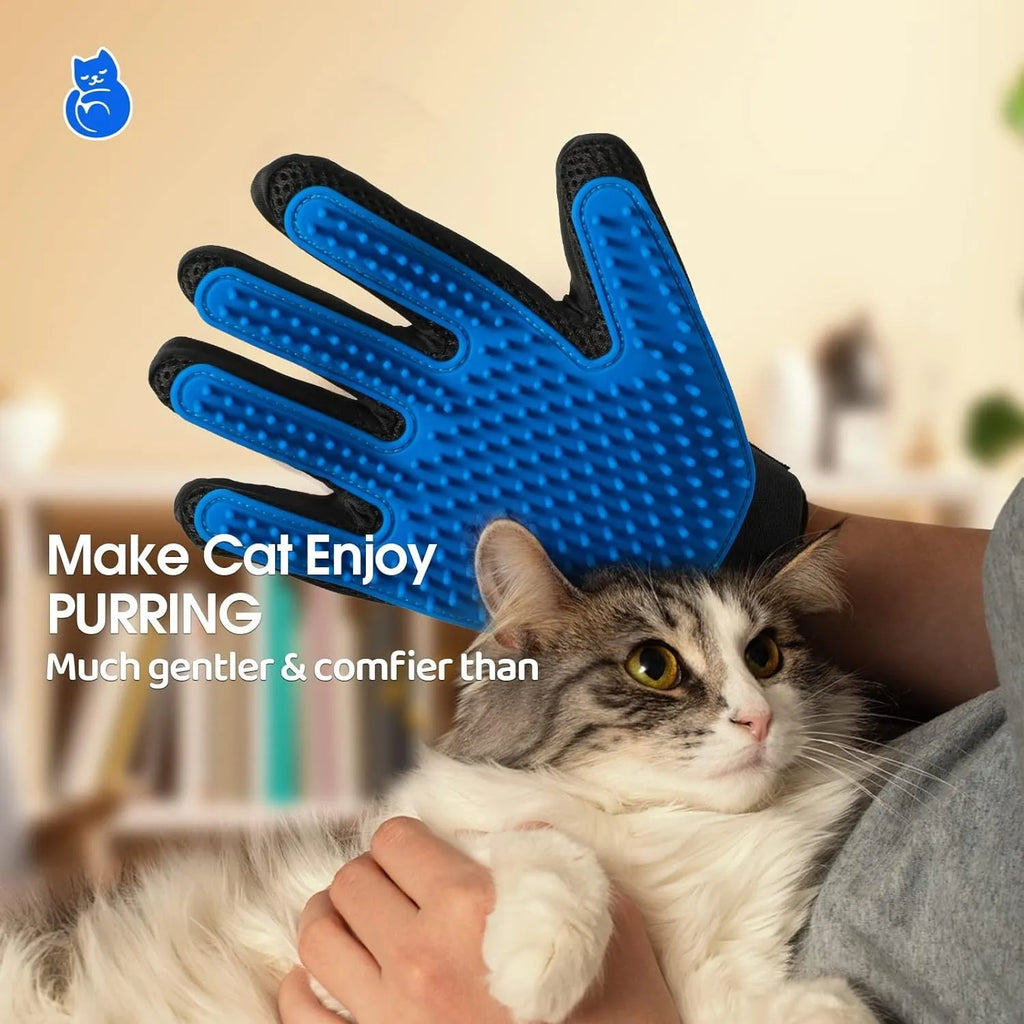 Blue silicone pet grooming glove with 255 massage tips and adjustable wrist strap
