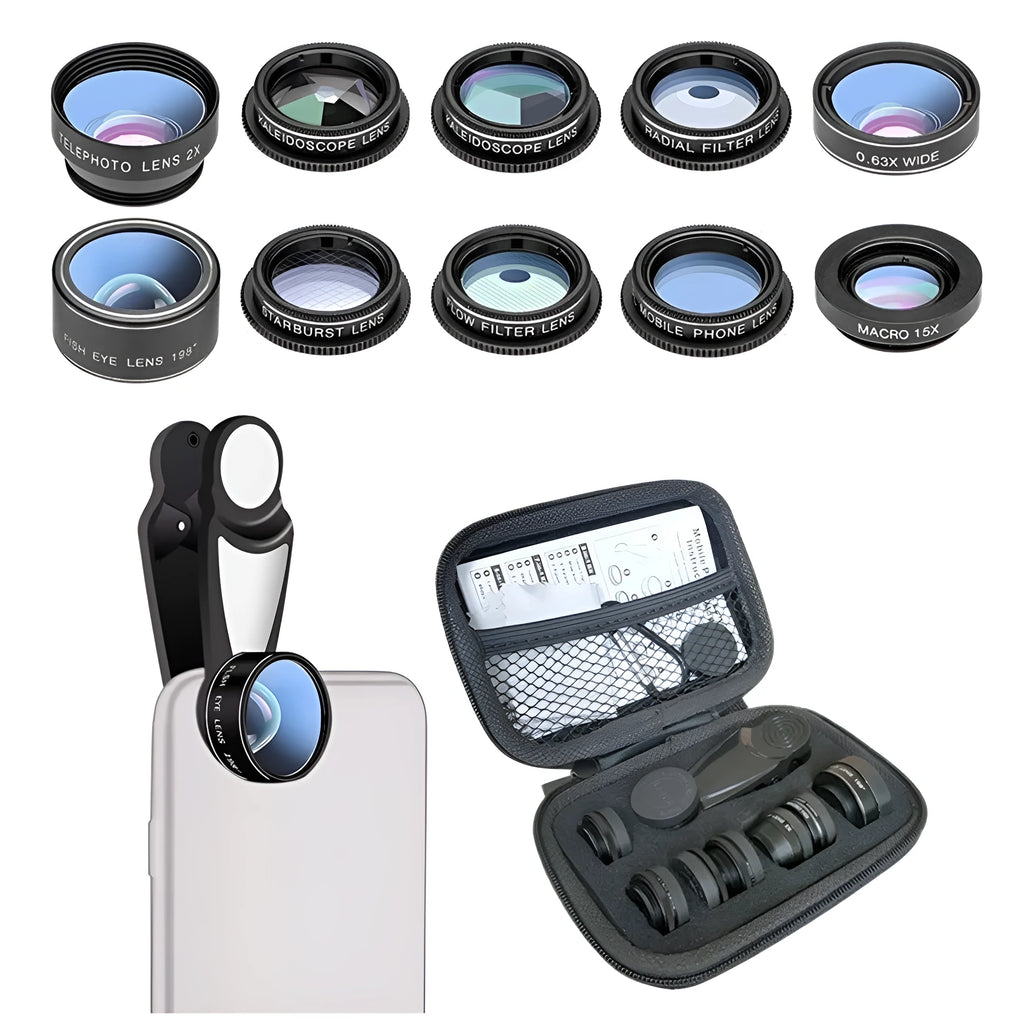 Black ten-in-one smartphone camera lens kit with aluminium-magnesium alloy body on a table.