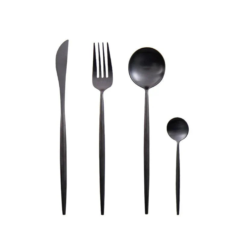 Premium stainless steel cutlery set with a mirror-polished finish, including coffee spoons, dessert spoons, main meal spoons, dessert forks, main forks, and chopsticks, presented in a stylish gift box.