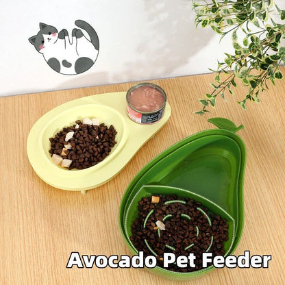 Avocado-shaped automatic pet food and water dispenser for cats and dogs with slow-feed feature and large water capacity