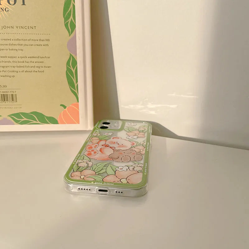 Transparent silicone TPU phone case with hand-painted bear and floral design for iPhone models