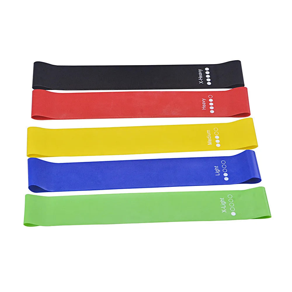 Five TPE resistance bands set for legs and butt exercise with cloth bag and manual, colour options.