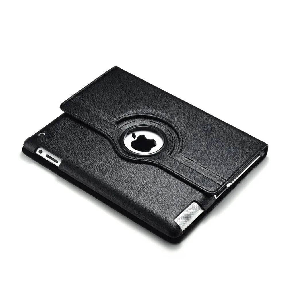 PU leather rotary clam shell case for iPad mini and iPad 2/3/4 in various colours, showing stand function.