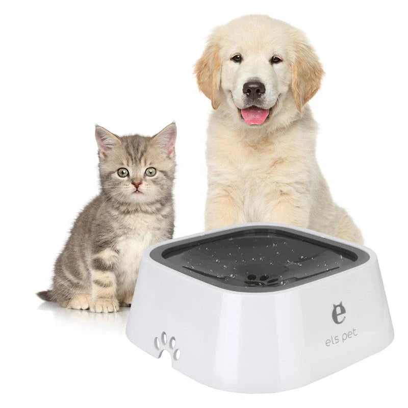 Spill-proof floating pet water bowl with slow feeder design, available in various colors and sizes