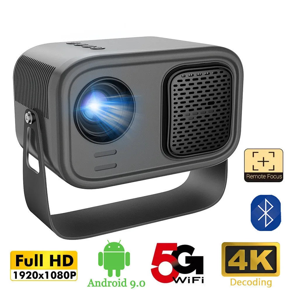 Black portable HD projector with remote control on desk