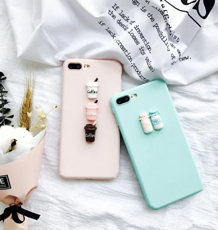 Frosted mobile phone case with 3D baby bottle and coffee cup design in turquoise