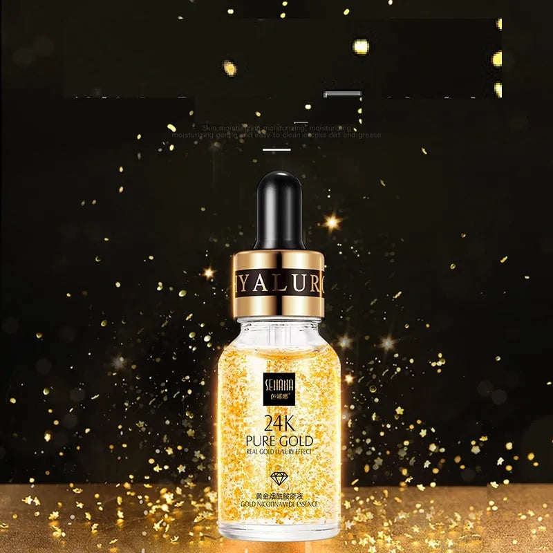 24K gold nicotinamide anti-aging facial essence in a glass bottle with three size options 15ml, 50ml, 100ml