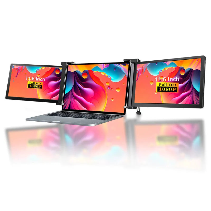 Portable display IPS panel 1920x1080 Silver Gray with USB-C and MINI HDMI cables on desk