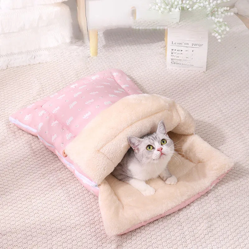 Cat sleeping bag with detachable mat and foldable design in pink colour