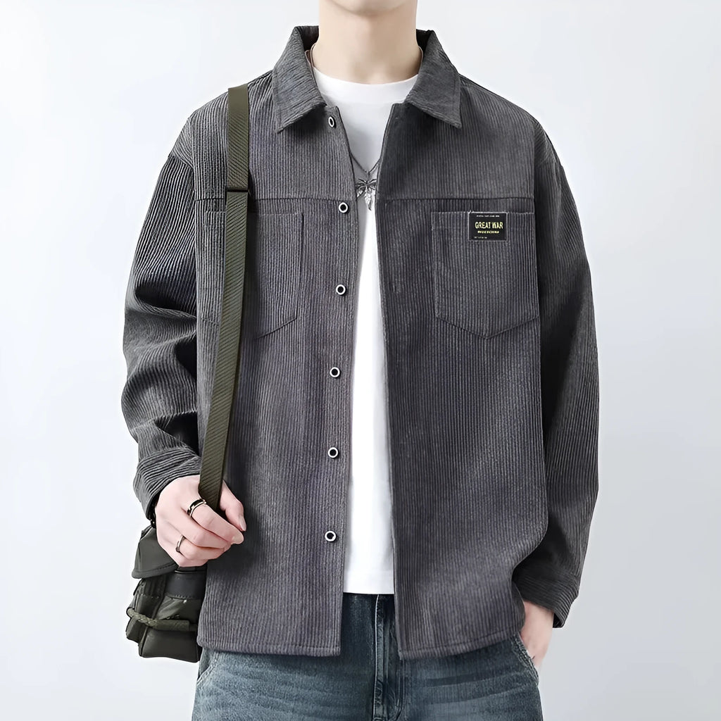 Men's long sleeve corduroy cardigan jacket in black, shown as a casual layering piece.