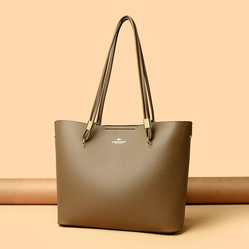 Women's large capacity PU crossbody tote shopping bag with hidden pocket, phone pocket and stitching detail