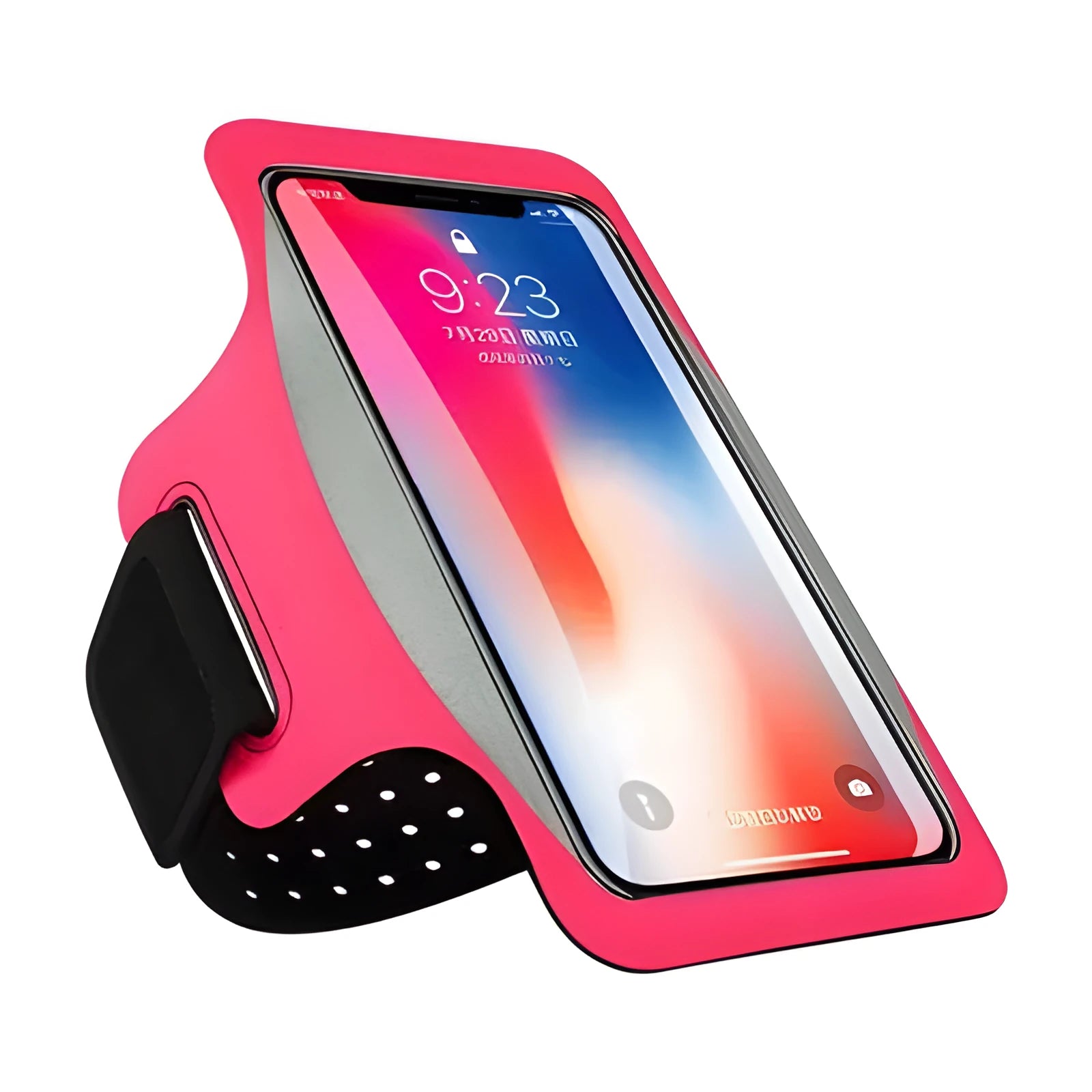 A black PVC running armband for phones, showing the transparent screen panel and rear card slot.