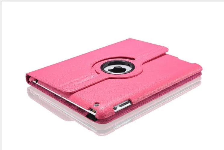 PU leather rotary clam shell case for iPad mini and iPad 2/3/4 in various colours, showing stand function.