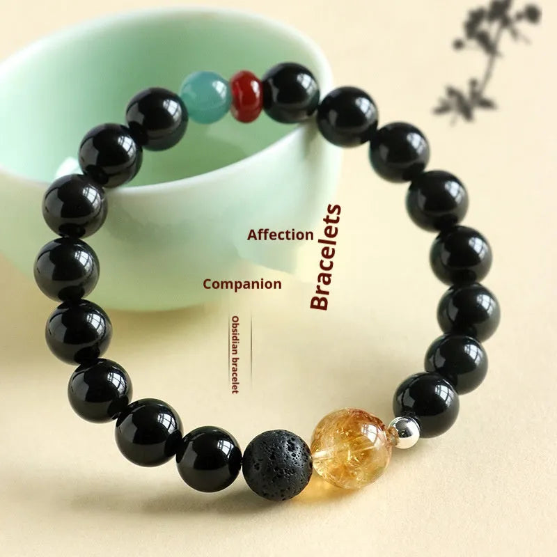 Chinese style obsidian yellow tower crystal agate jade bracelet in 8mm or 10mm bead sizes