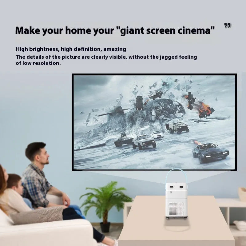 Smart HD home cinema projector with Android operating system and remote control on a table