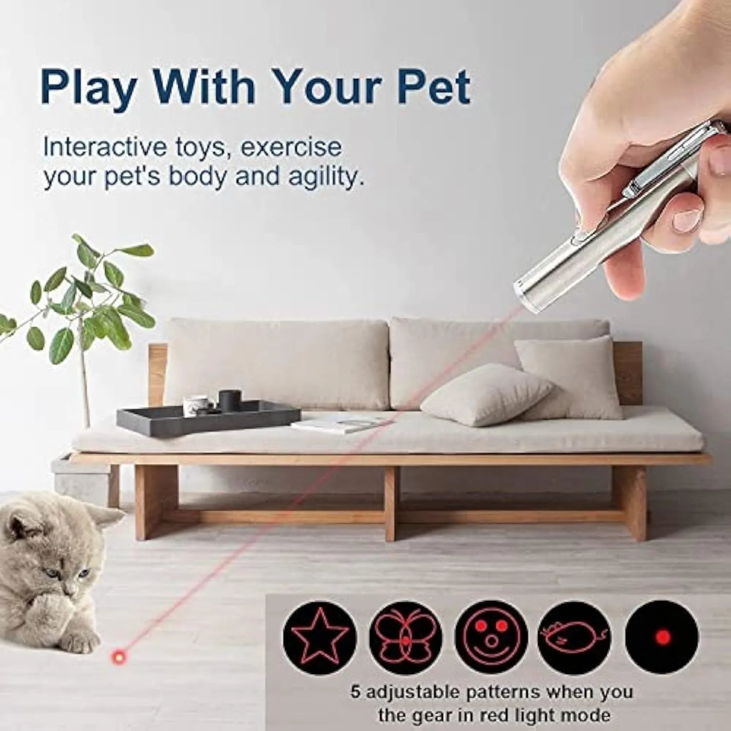 Silver aluminium alloy cat toy pointer with light patterns, metal clip, and USB charging port