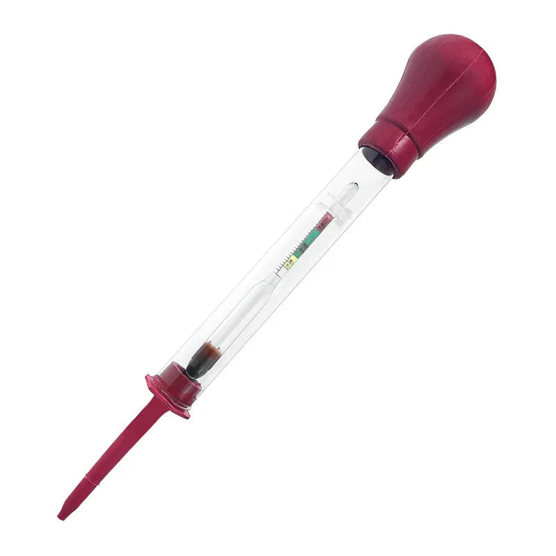 Glass automotive battery electrolyte hydrometer with red and black bulbs, 330mm long.