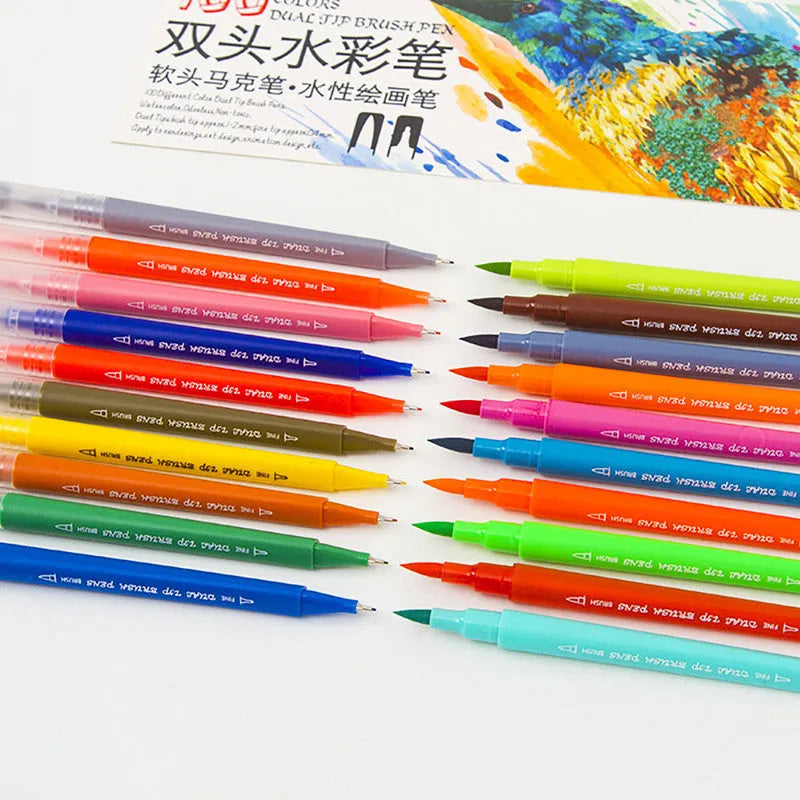 48 double-ended watercolour pens with hook line and soft tips in a PP storage box.