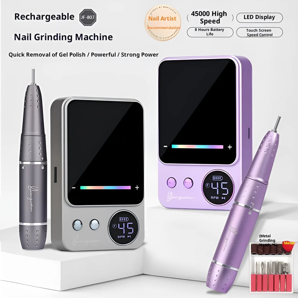 Rechargeable electric nail polishing machine in purple or dark grey with USB charging, one nail buffing machine set