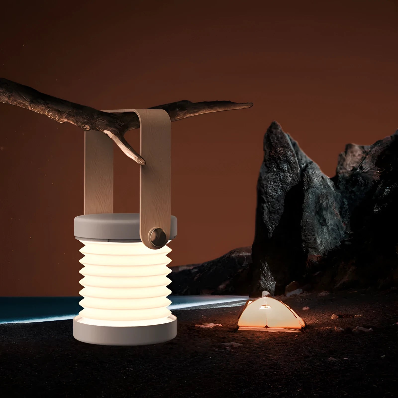 White foldable USB rechargeable LED lantern lamp shown in both table and upright night light modes.