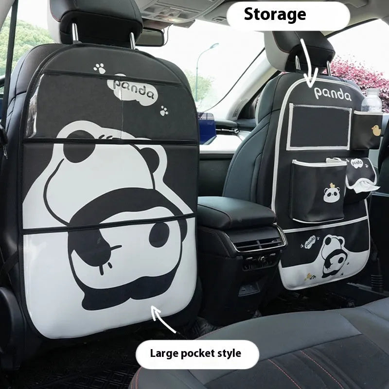Large black and white leather Naughty Panda anti-kick pad for car backseat protection with cartoon design